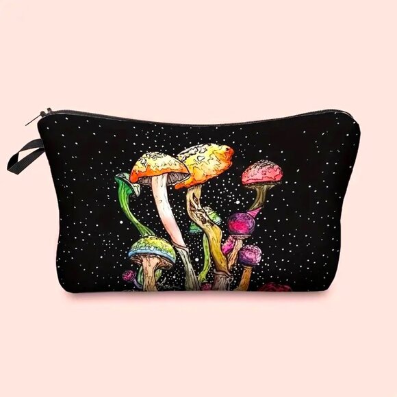 Cosmetic Bag Makeup Mushrooms Blacklight Glow Wonderland Clutch Pouch Travel NEW - Picture 1 of 2